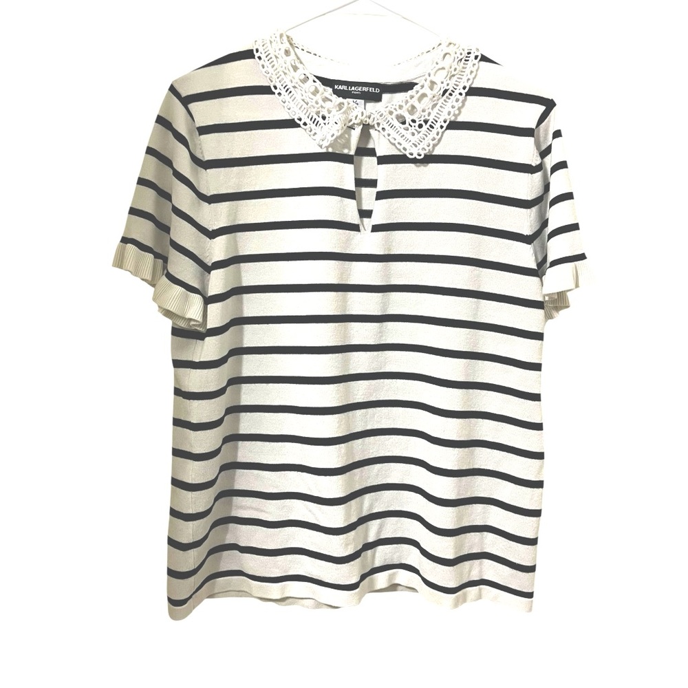 💙Karl Lagerfeld Black and White Striped Blouse with Lace Collar